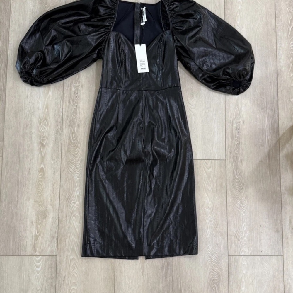 Rotate Birger Christensen Faux Black Leather Sweetheart Irina Dress Puff NWT